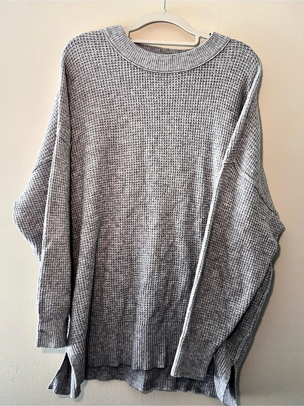Aerie Gray Waffle Knit Crewneck Sweater Size Small (oversized fit)